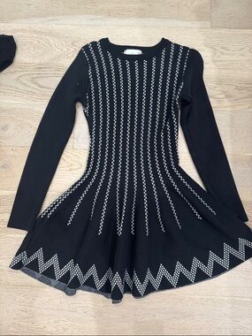 JOA Los Angeles Black Flared Knit Dress with White Geometric Detail